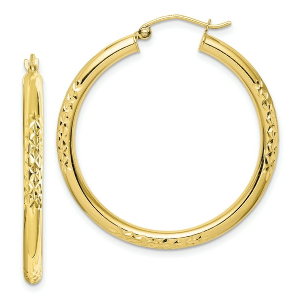 Beautiful 10K Diamond Cut 3x35mm Hollow Tube Hoop Earrings Beautiful 10K Diamond Cut 3x35mm Hollow Tube Hoop Earrings
